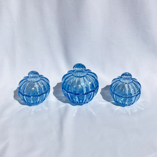 Aquamarine blue glass trinket pot set