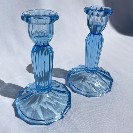Blue vintage glassware pair of candlesticks